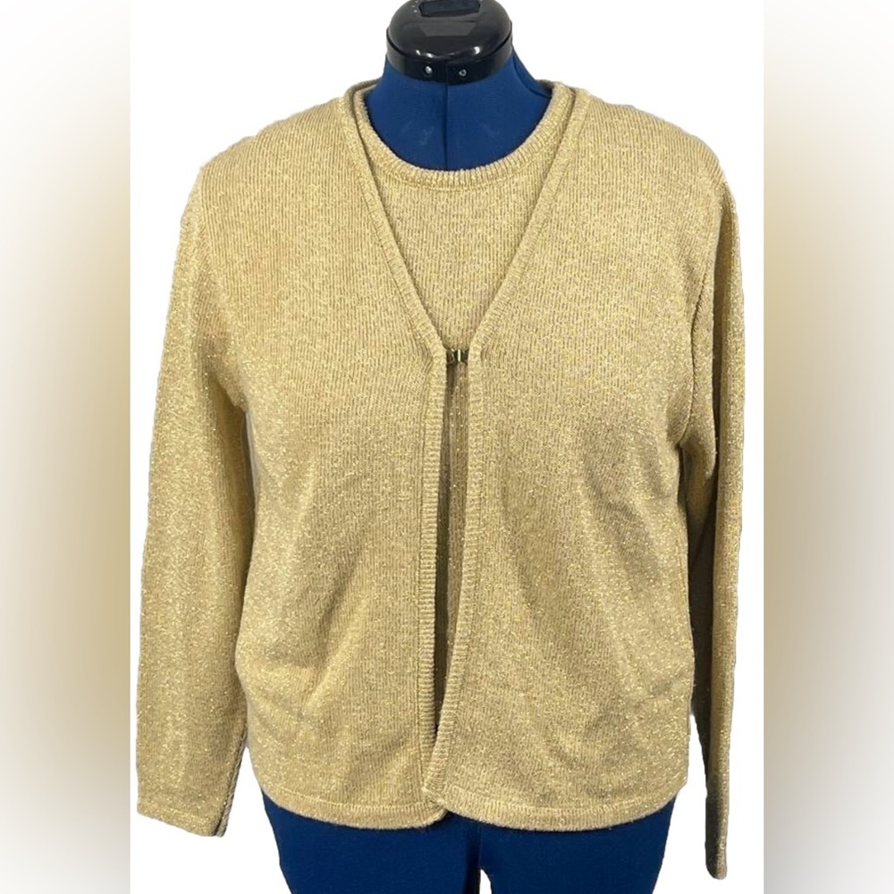 Vintage 90s Fashion Bug 2 Pc Gold Sweater Cardigan & Tank Top Metallic Y2K S Med